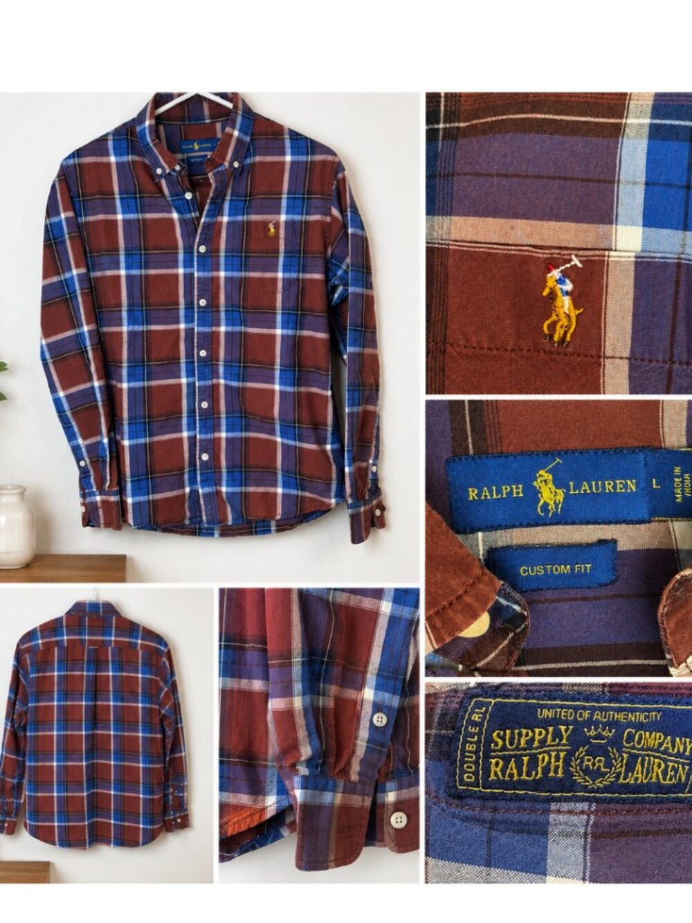 Polo Ralph Lauren Custom Fit Plaid Button Down Shirt Men’s Large Brown Classic